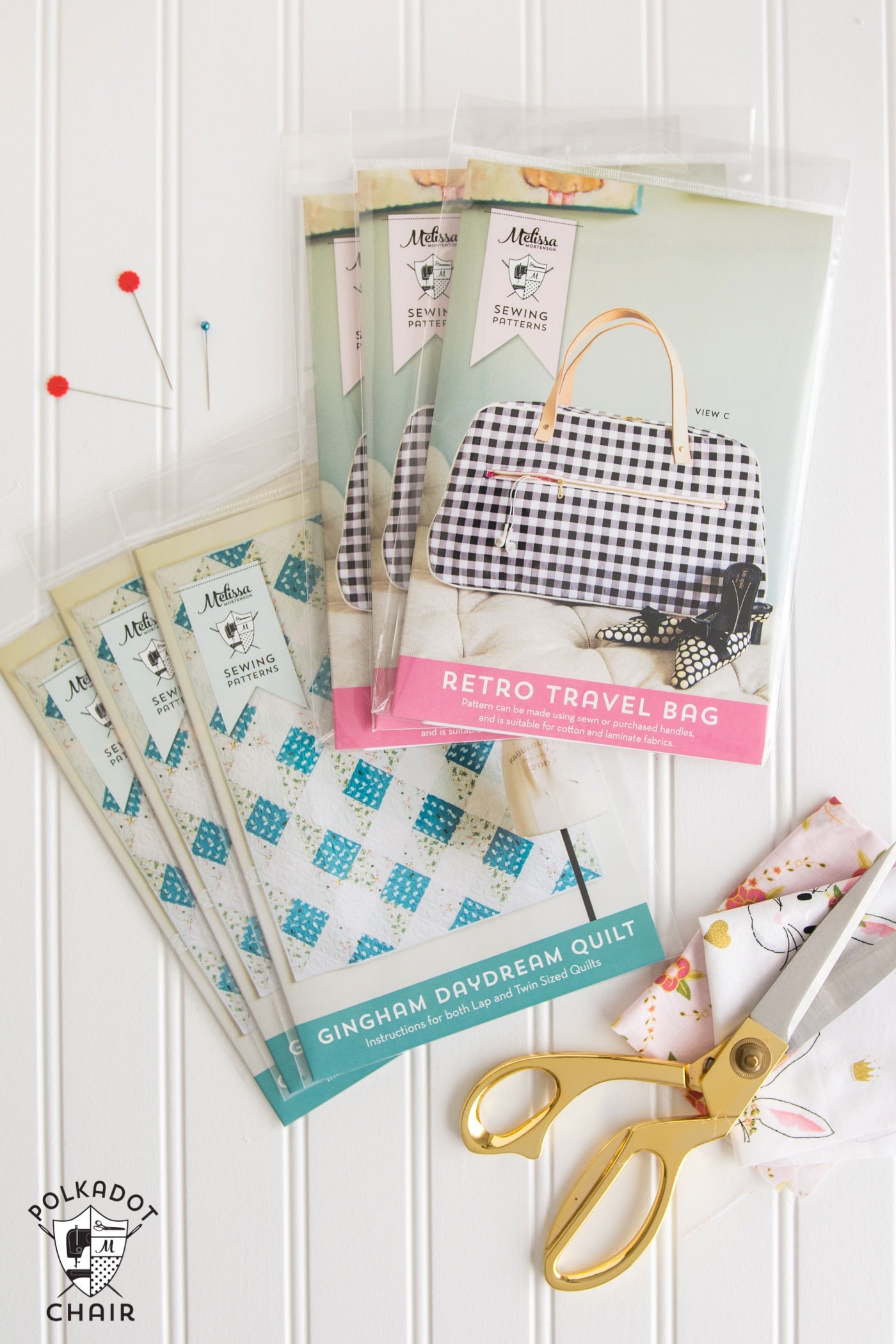 Printed copies of the Retro Travel Bag Sewing Pattern and the Gingham Daydream Quilt Pattern by Melissa Mortenson
