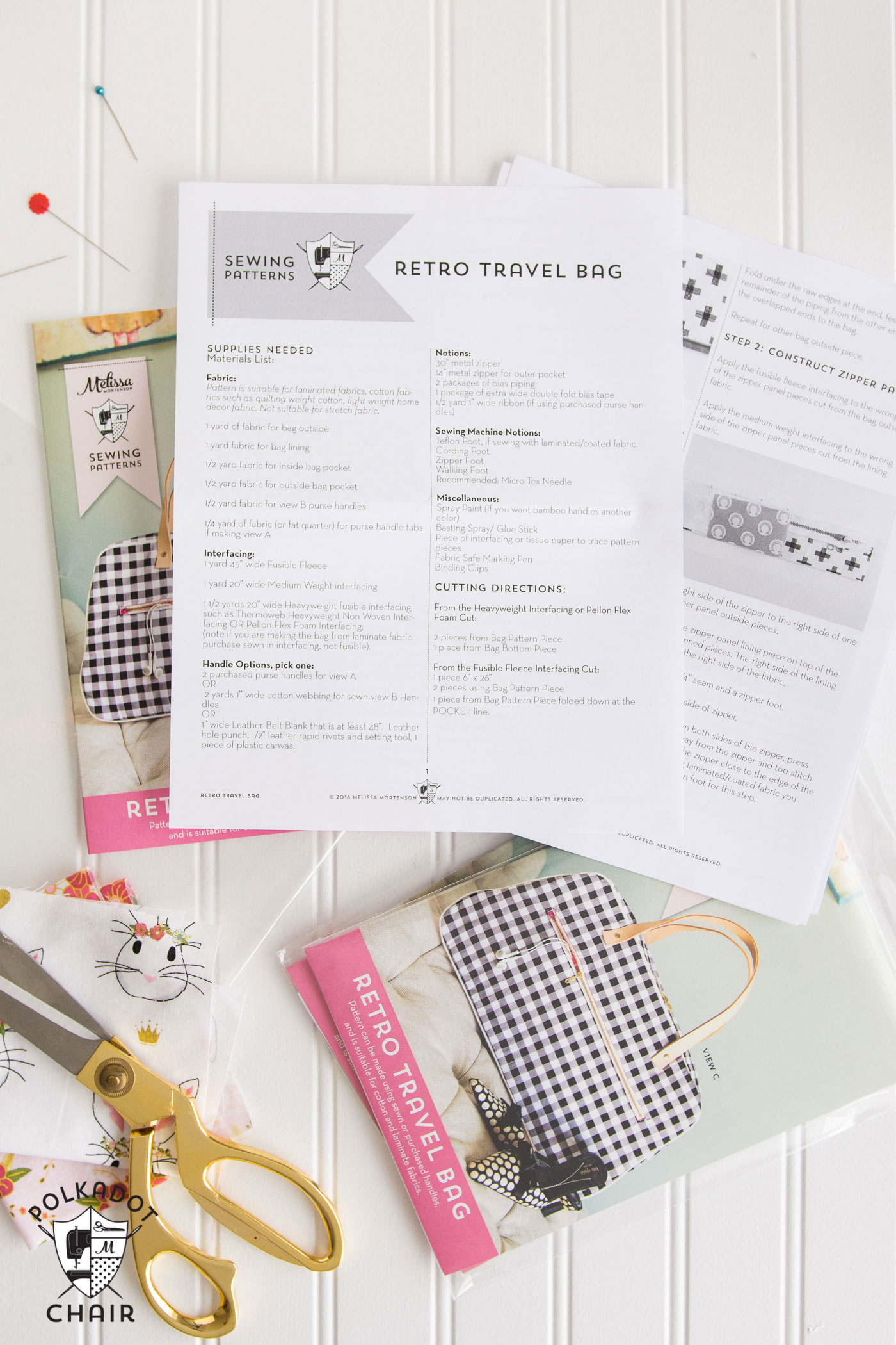 Printed copies of the Retro Travel Bag Sewing Pattern and the Gingham Daydream Quilt Pattern by Melissa Mortenson