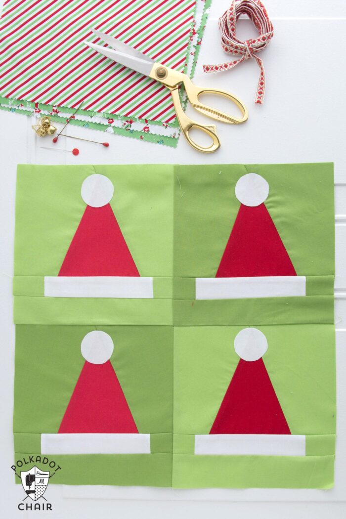 A quilting pattern for a Santa Hat Quilt blocks, would make a cute Christmas quilt or Christmas pillow!