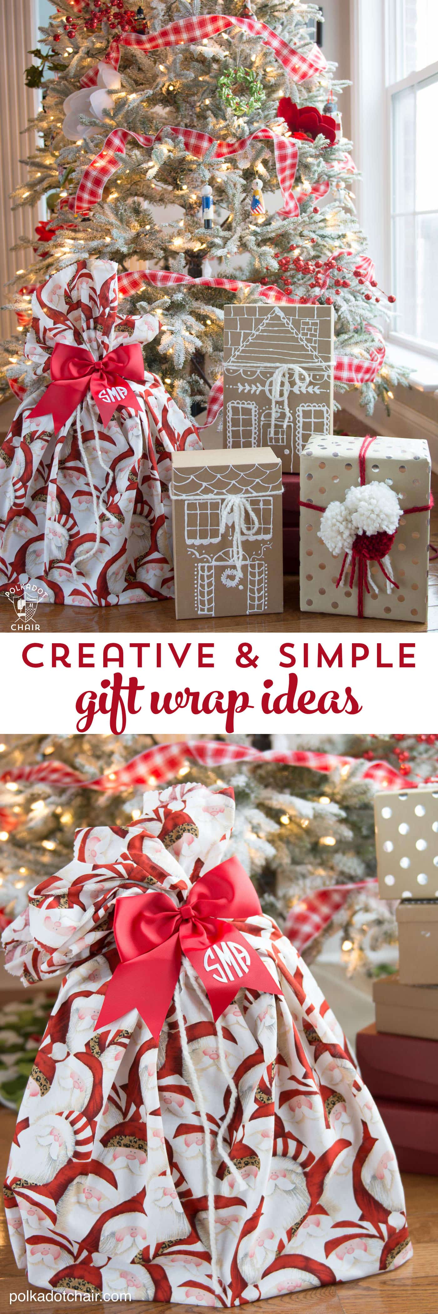 3 Cute and clever ways to wrap gifts this Christmas. Including how to make a santa sack, how to make gingerbread house gift boxes and how to make a pom pom to add to a gift. So many simple and creative gift wrap ideas!