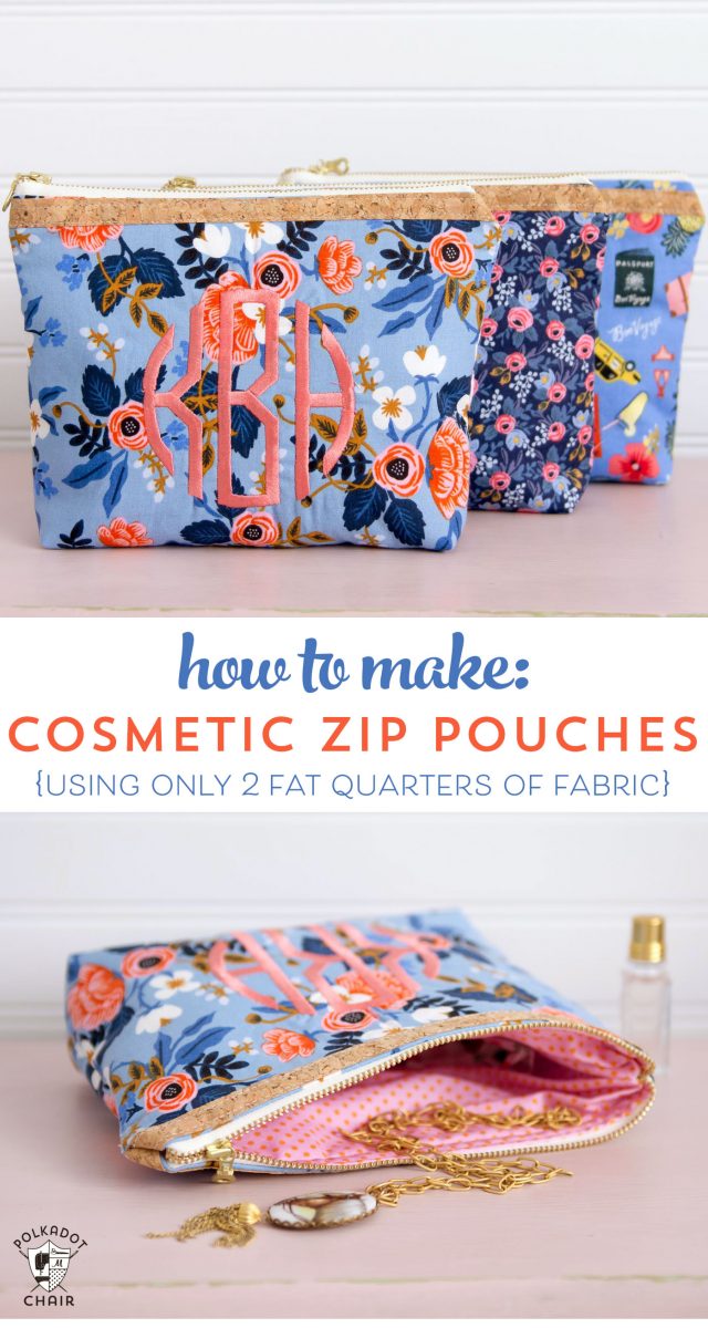 How to sew a cosmetic zippered pouch using only two fat quarters of fabric. Makes a great gift! A zip pouch sewing pattern.