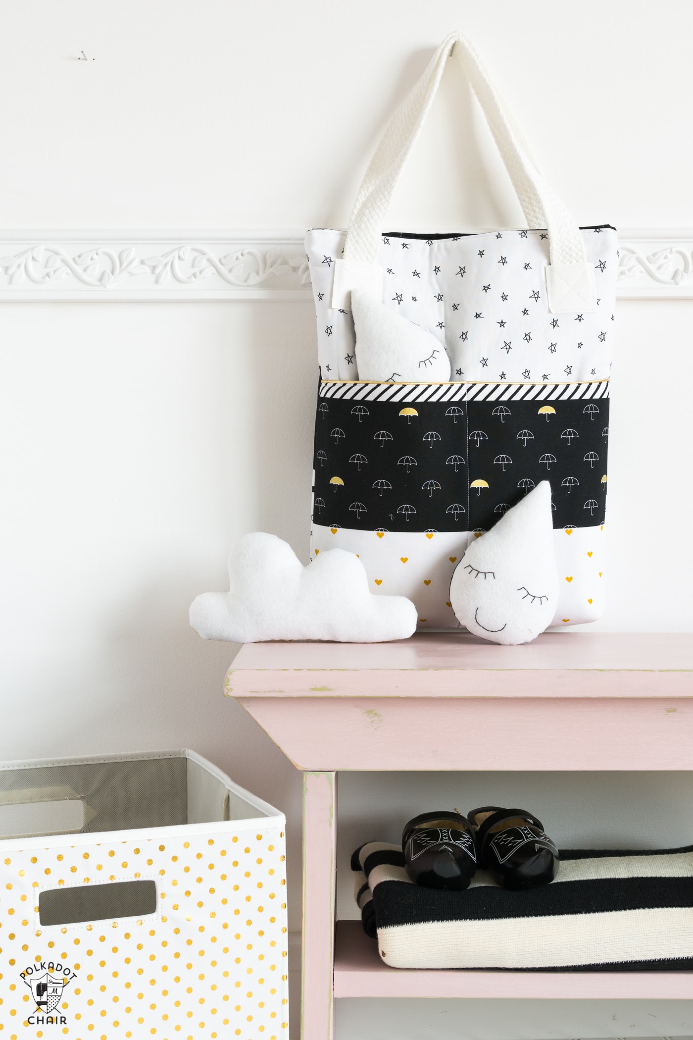 Felt softies next to fabric tote bag