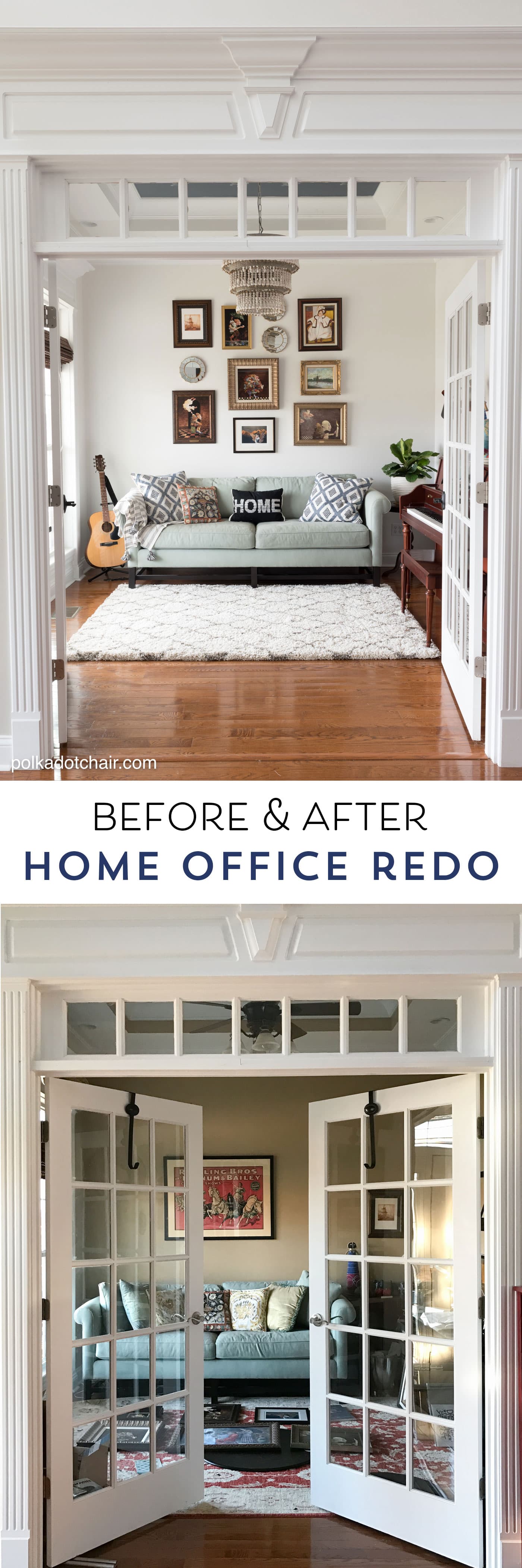 Learn how to easily change your door hardware and get lots of ideas for redecorating your home office or music room. Ideas for creating a gallery wall, a painted ceiling and lots of before and after photos!