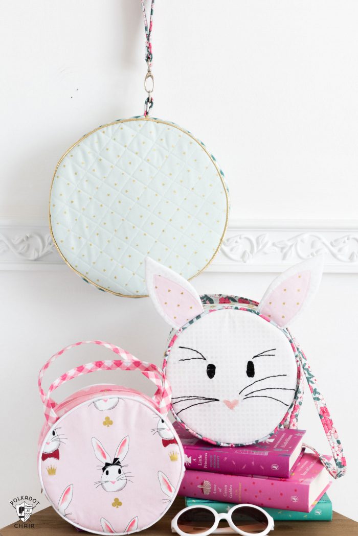 Introducing the Alice Bag Sewing Pattern. A whimsical and versatile purse sewing pattern featuring bunny ears! It can be made in two sizes and features 4 different handle style options including cross body straps! 