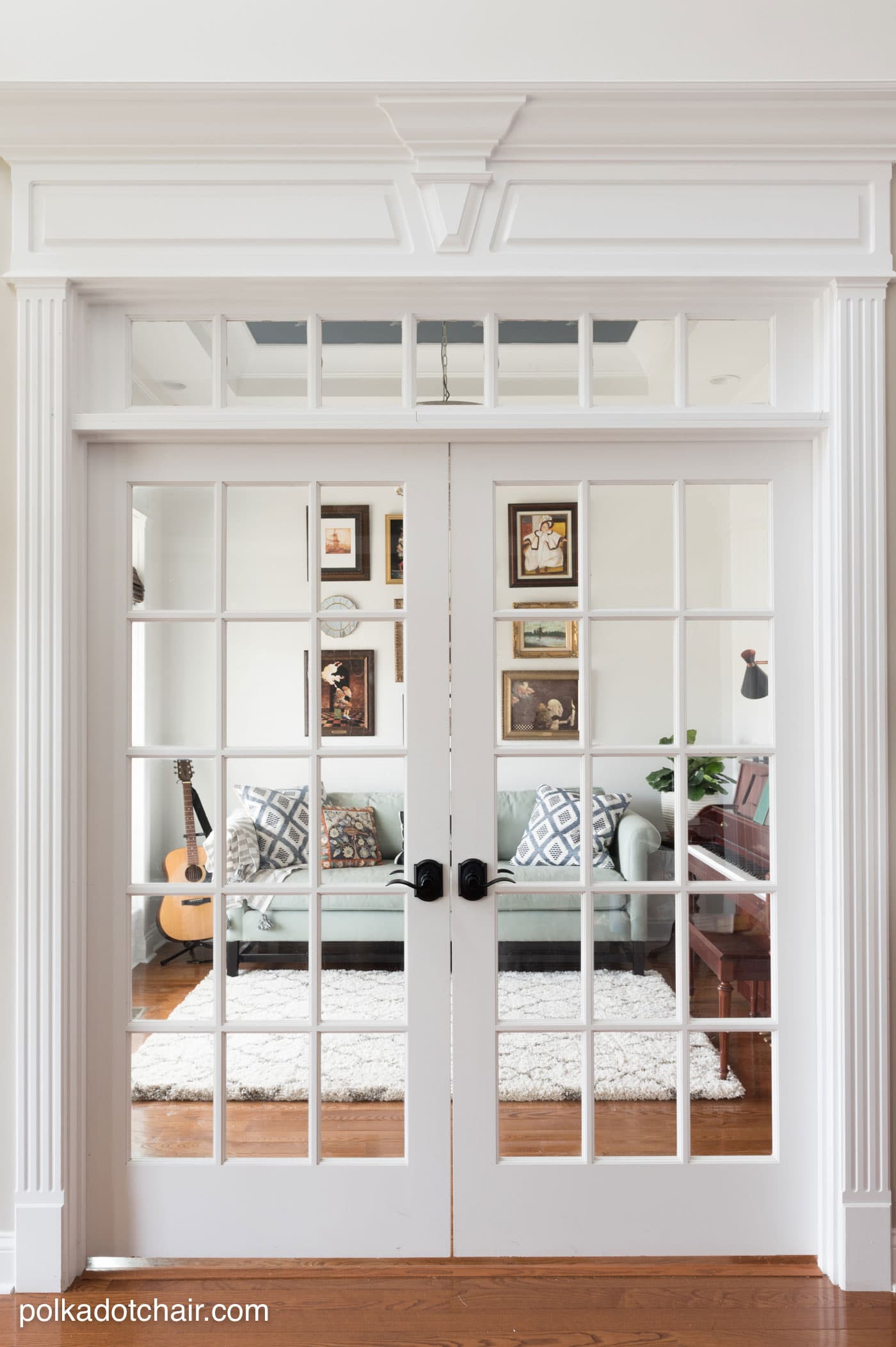 Learn how to easily change your door hardware and get lots of ideas for redecorating your home office or music room. Ideas for creating a gallery wall, a painted ceiling and lots of before and after photos!