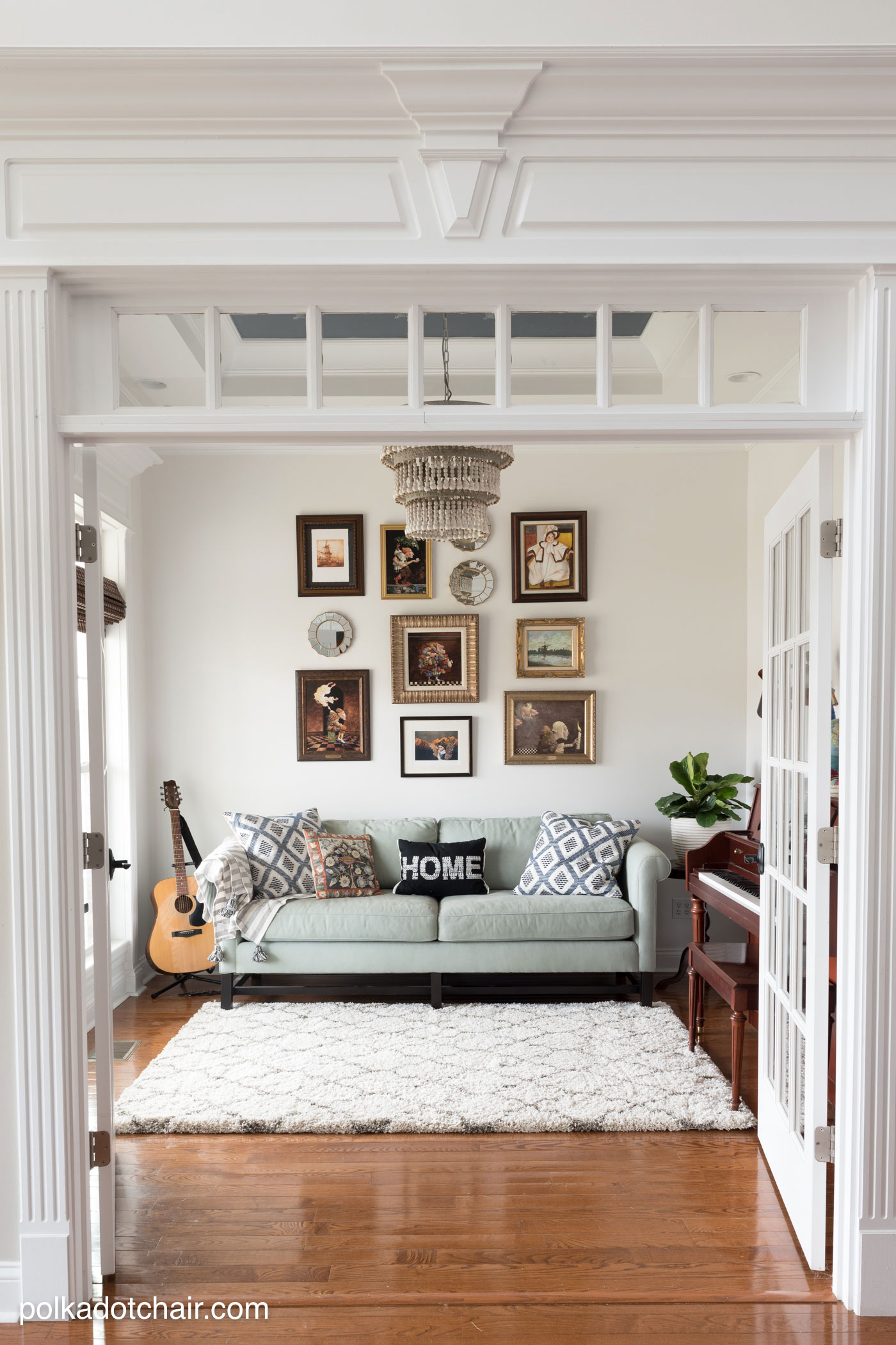Learn how to easily change your door hardware and get lots of ideas for redecorating your home office or music room. Ideas for creating a gallery wall, a painted ceiling and lots of before and after photos!
