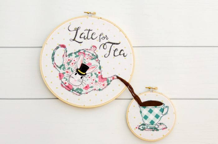 Late for Tea; free embroidery hoop art set pattern by Bev of FlamingoToes.com - made with Wonderland Two Fabric 