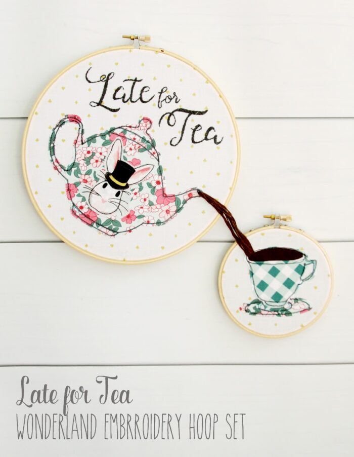 Late for Tea; free embroidery hoop art set pattern by Bev of FlamingoToes.com - made with Wonderland Two Fabric 