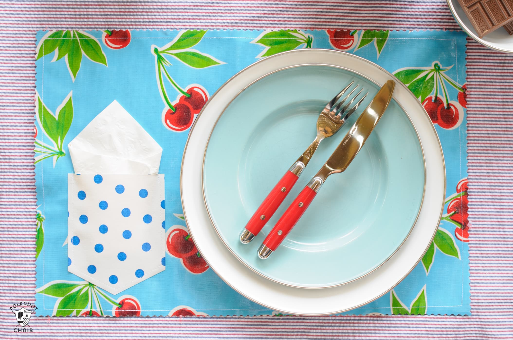 Plates on handmade fabric place mat