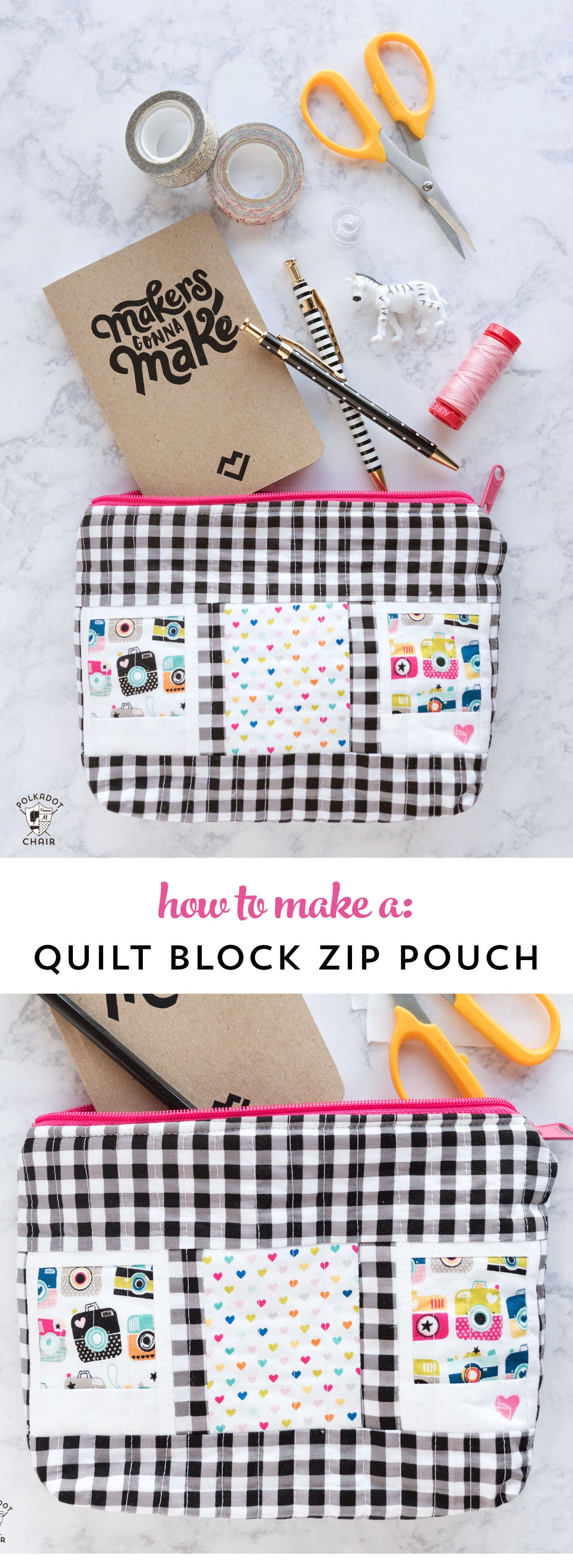 Free tutorial for a polaroid quilt block zip pouch - such a cute way to store your sewing or quilting supplies!