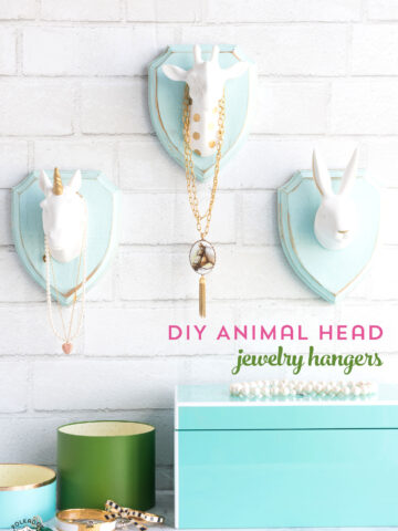 Cute and Whimsical DIY Jewelry Hangers made with wood plaques and animal heads; a creative way to display your jewelry