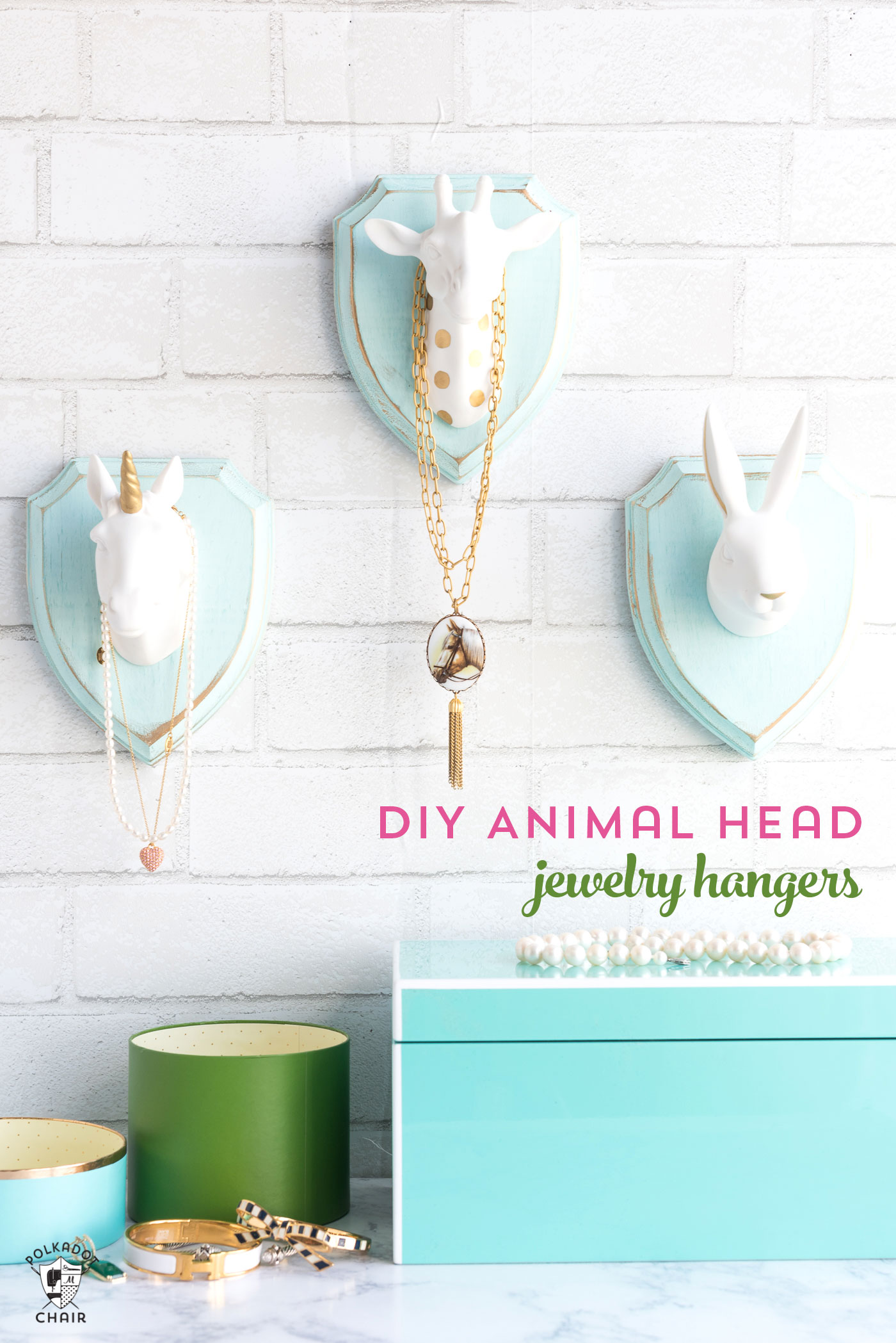 Cute and Whimsical DIY Jewelry Hangers made with wood plaques and animal heads; a creative way to display your jewelry 