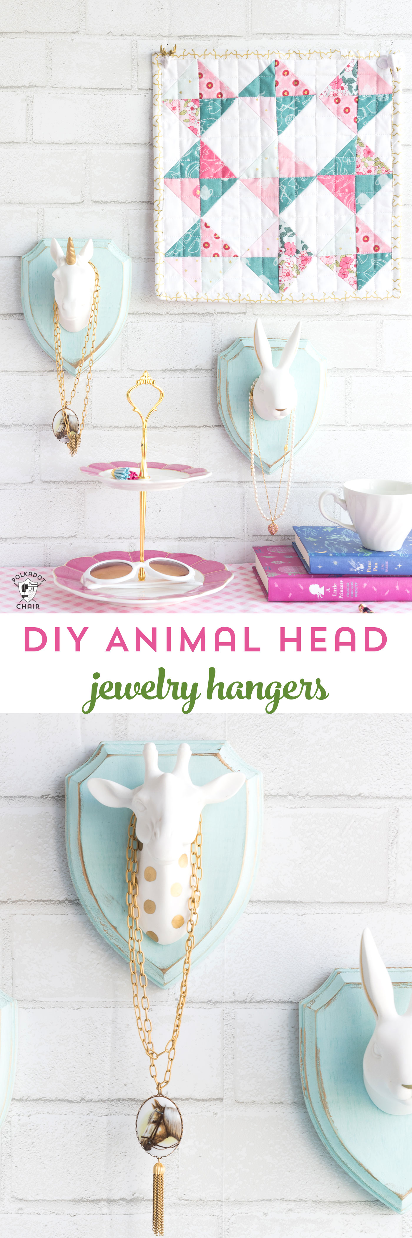 Cute and Whimsical DIY Jewelry Hangers made with wood plaques and animal heads; a creative way to display your jewelry