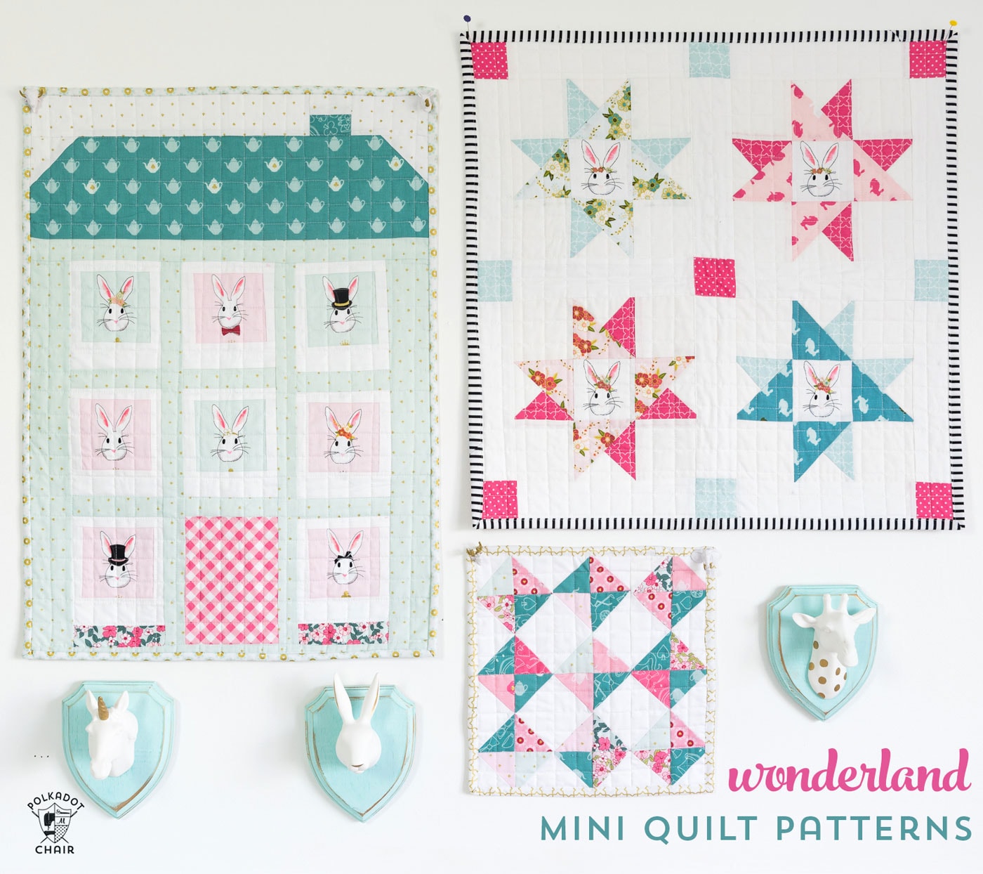 Super cute Wonderland themed Mini Quilt Patterns- these would be so cute as wall hangings in a little girls room or as a baby doll quilt!