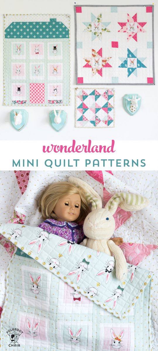 Super cute Wonderland themed Mini Quilt Patterns- these would be so cute as wall hangings in a little girls room or as a baby doll quilt!