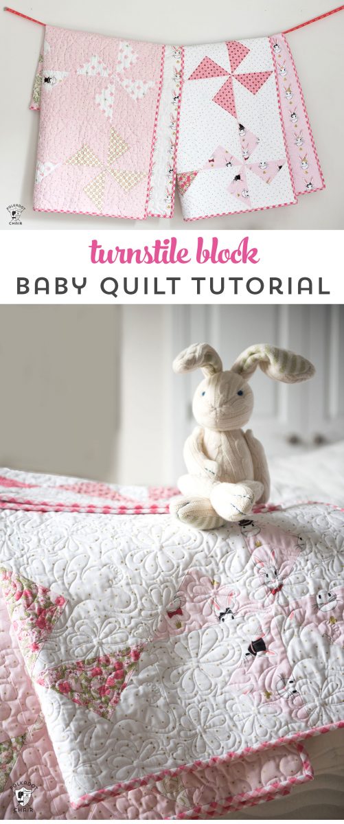 Free baby quilt patterns including this one for a simple baby quilt made using a Turnstile Quilt block! So easy you could make it in a day.