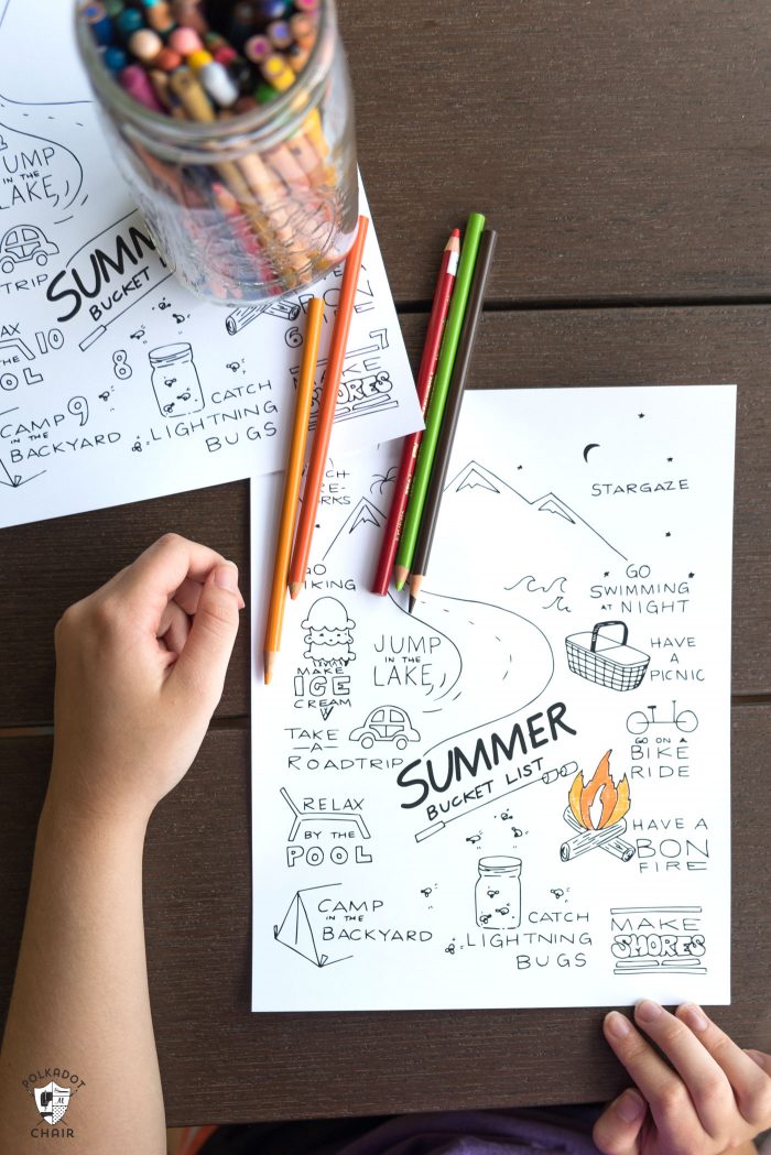 Free Printable Summer Bucket list coloring sheet - such a fun idea for kids for summer- download for free on polkadotchair.com