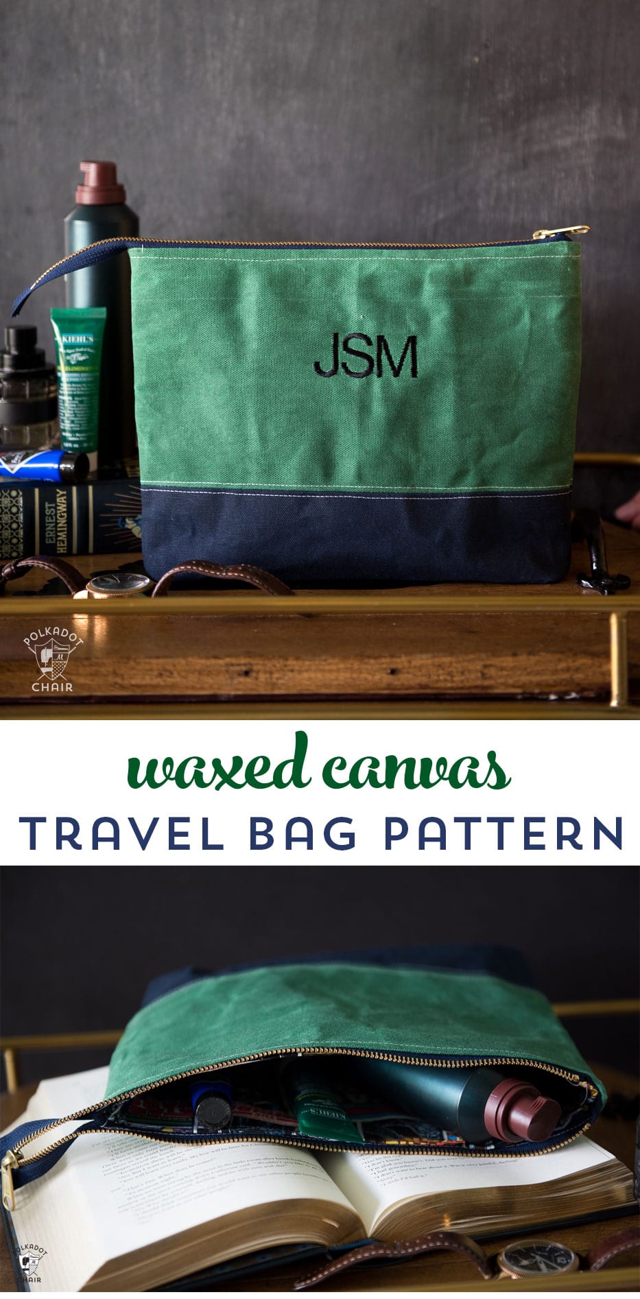 Free sewing pattern for a monogrammed travel bag. Such a great DIY gift for a guy or a Dad. -- Waxed Canvas Travel Bag Pattern