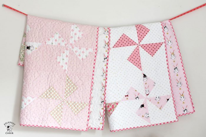 Free baby quilt patterns including this one for a simple baby quilt made using a Turnstile Quilt block! So easy you could make it in a day.
