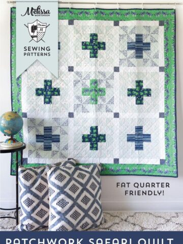 Patchwork Safari Quilt Pattern by Melissa Mortenson featuring Safari Party Fabrics, a cute take on a plus quilt pattern! Simple and fun!