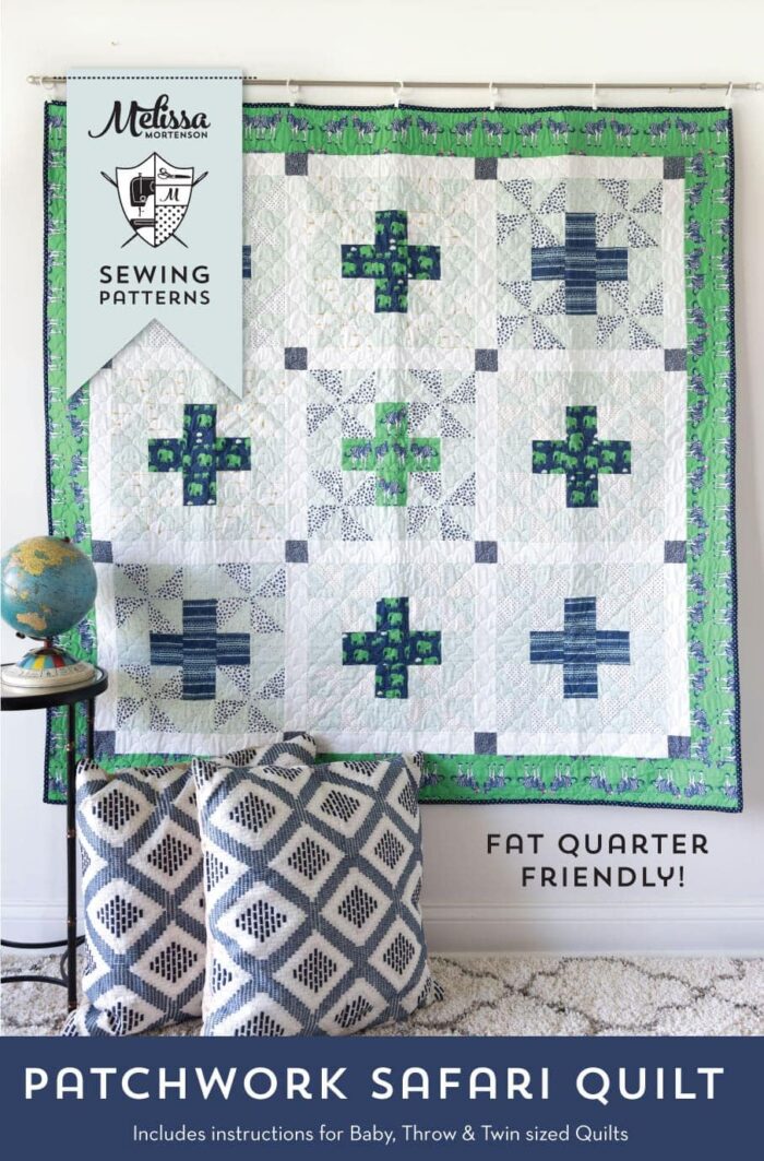 Patchwork Safari Quilt Pattern by Melissa Mortenson featuring Safari Party Fabrics, a cute take on a plus quilt pattern! Simple and fun!