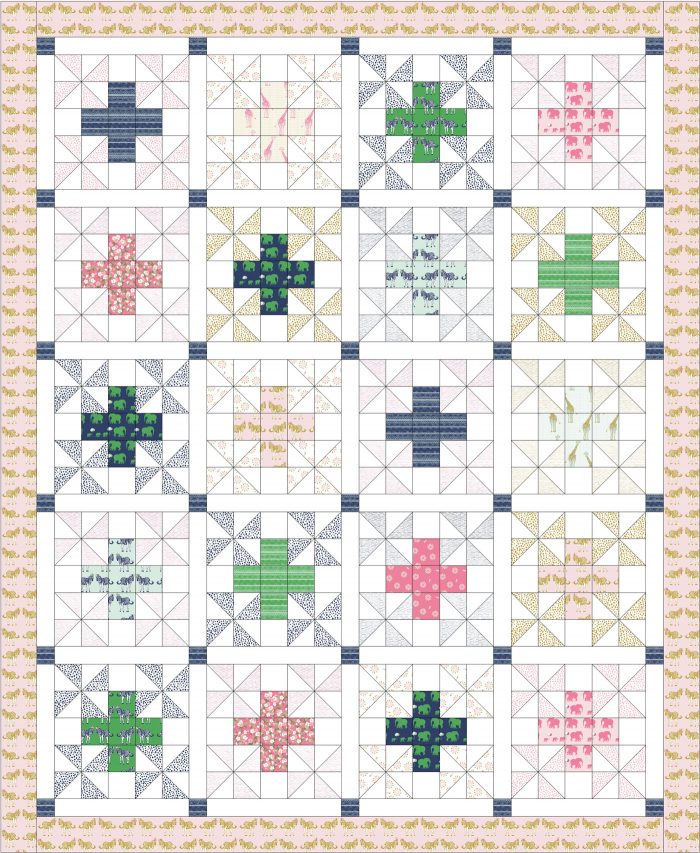 Patchwork Safari Quilt Pattern by Melissa Mortenson featuring Safari Party Fabrics, a cute take on a plus quilt pattern! Simple and fun!
