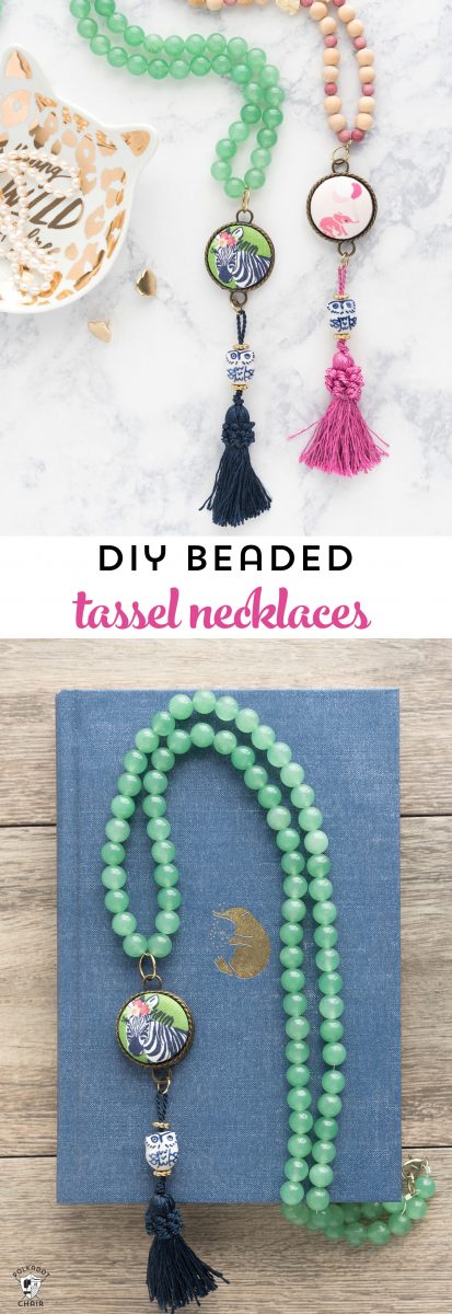Fun and easy DIY Beaded Tassel necklace with covered button! Learn how to make a tassel necklace with this simple jewelry tutorial