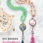 Fun and easy DIY Beaded Tassel necklace with covered button! Learn how to make a tassel necklace with this simple jewelry tutorial