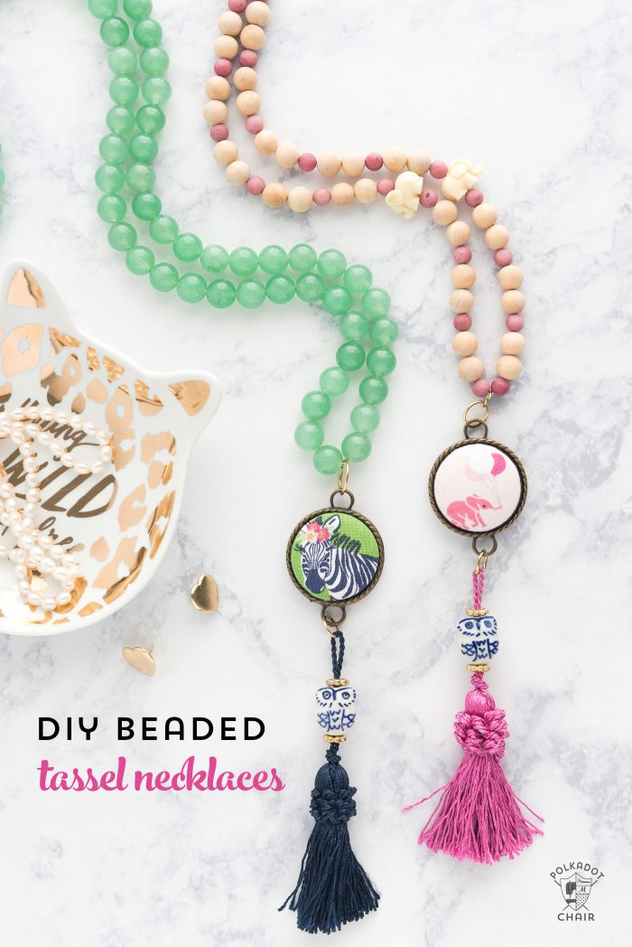 Fun and easy DIY Beaded Tassel necklace with covered button! Learn how to make a tassel necklace with this simple jewelry tutorial