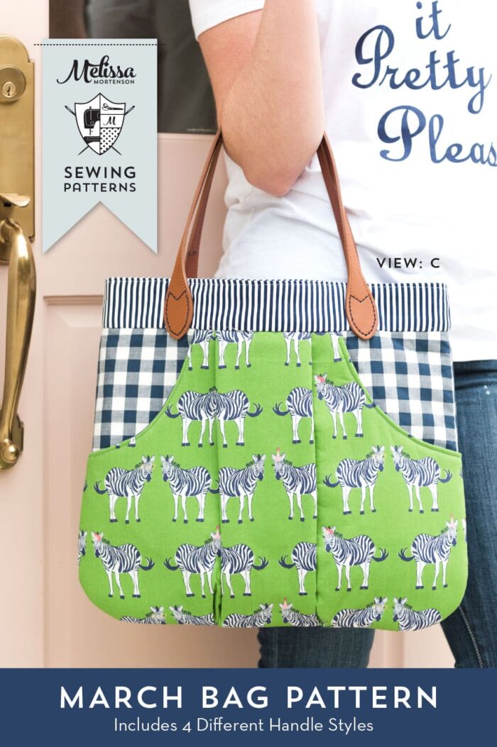 The March Bag sewing pattern has been updated and re-released. It's a fun handbag sewing pattern with a large outside kangaroo style pocket and 4 different handle styles. #sewingpattern #bagpattern #handbagpattern #pursepattern #polkadotchair #melissamortenson #rileyblake #safariparty
