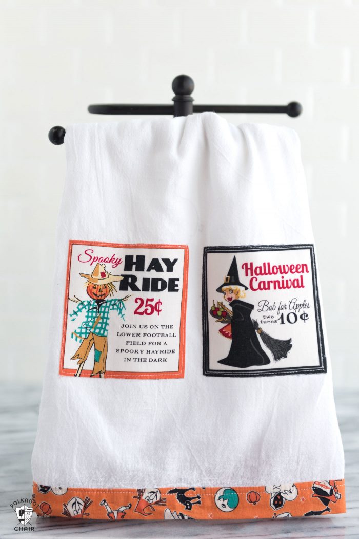 Free sewing tutorial for a DIY Halloween Tea Towel - such a cute project and a great way to use up fabric scraps! #halloween #halloweensewing #halloweengifts #gifts #giftideas #halloweenfabric #tutorial #sew #rileyblake #teatowel #diyteatowel #diydishtowel #dishtowel