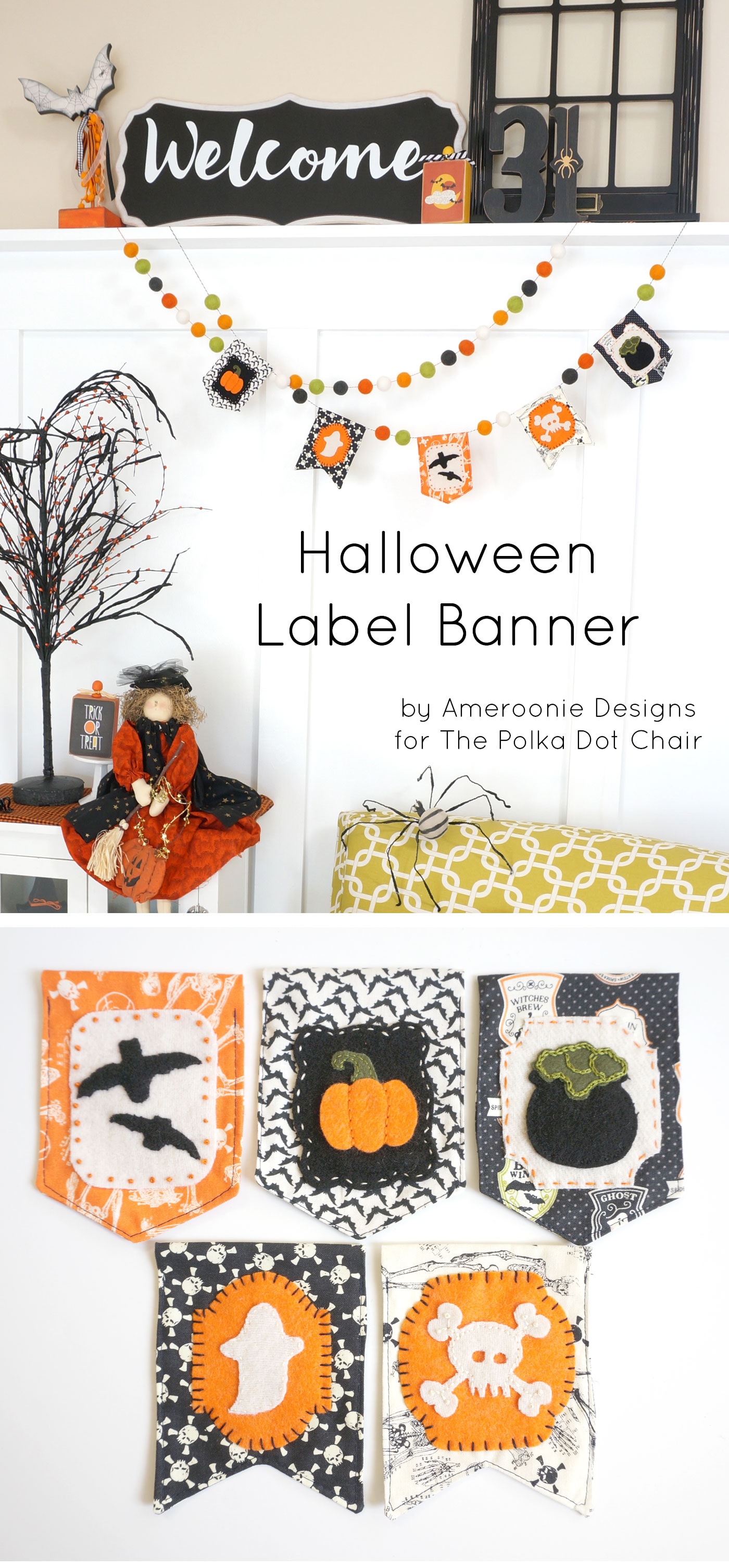 DIY Fabric Halloween Banner tutorial - with free applique pattern! #halloween #halloweensewing #halloweenbanner #sewing #sewingproject #halloweensewing #halloweencrafts #halloweenpatterns #embroidery #applique #freepatterns