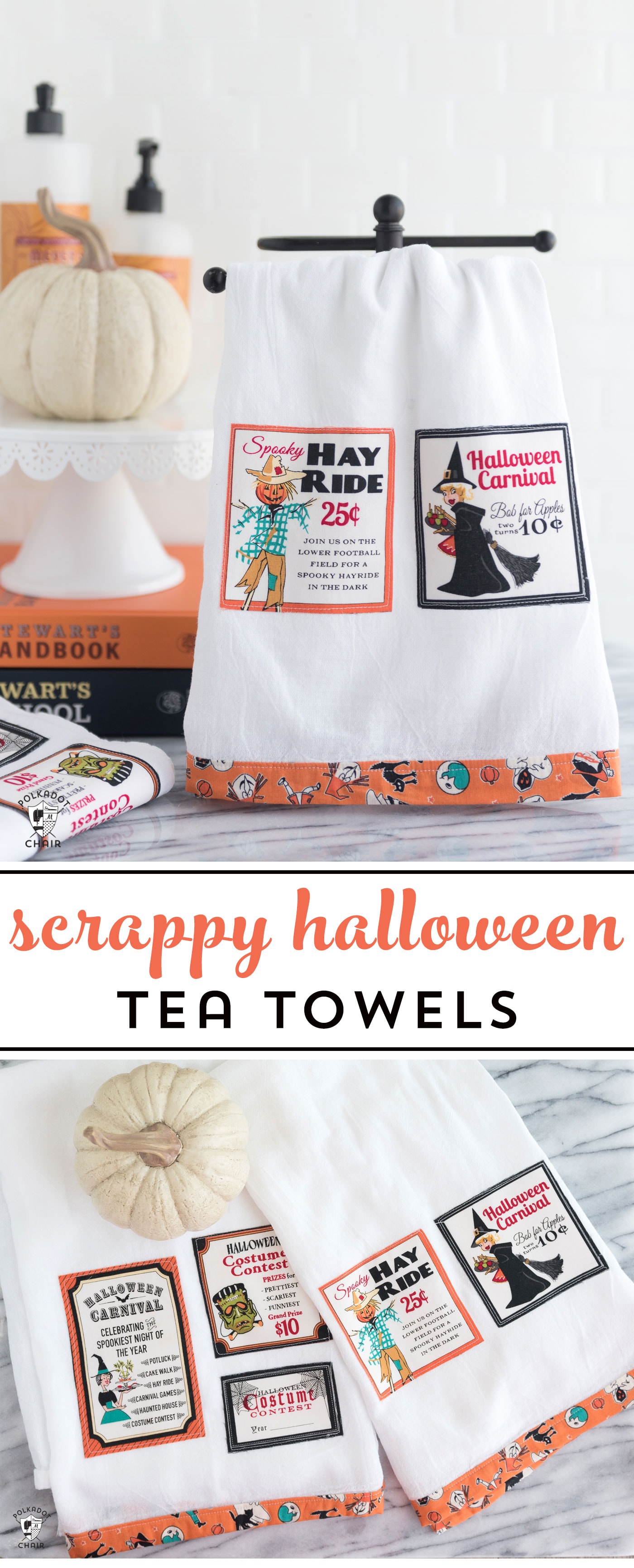 Free sewing tutorial for a DIY Halloween Tea Towel - such a cute project and a great way to use up fabric scraps! #halloween #halloweensewing #halloweengifts #gifts #giftideas #halloweenfabric #tutorial #sew #rileyblake #teatowel #diyteatowel #diydishtowel #dishtowel