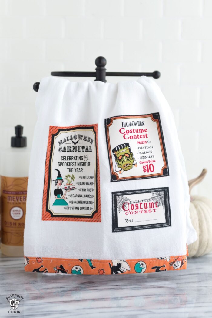 Free sewing tutorial for a DIY Halloween Tea Towel - such a cute project and a great way to use up fabric scraps! #halloween #halloweensewing #halloweengifts #gifts #giftideas #halloweenfabric #tutorial #sew #rileyblake #teatowel #diyteatowel #diydishtowel #dishtowel