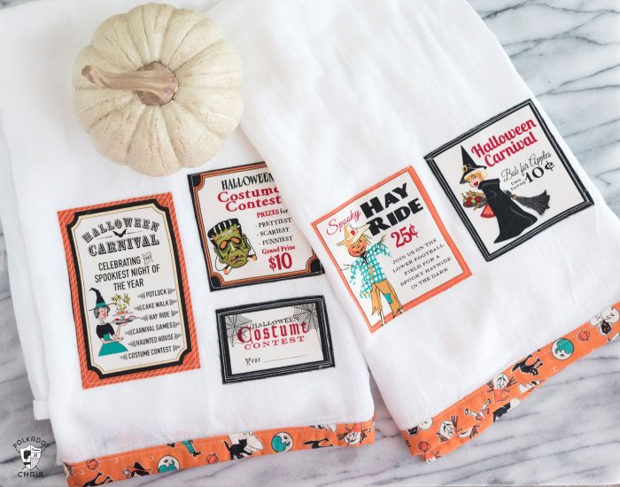 Free sewing tutorial for a DIY Halloween Tea Towel - such a cute project and a great way to use up fabric scraps! #halloween #halloweensewing #halloweengifts #gifts #giftideas #halloweenfabric #tutorial #sew #rileyblake #teatowel #diyteatowel #diydishtowel #dishtowel