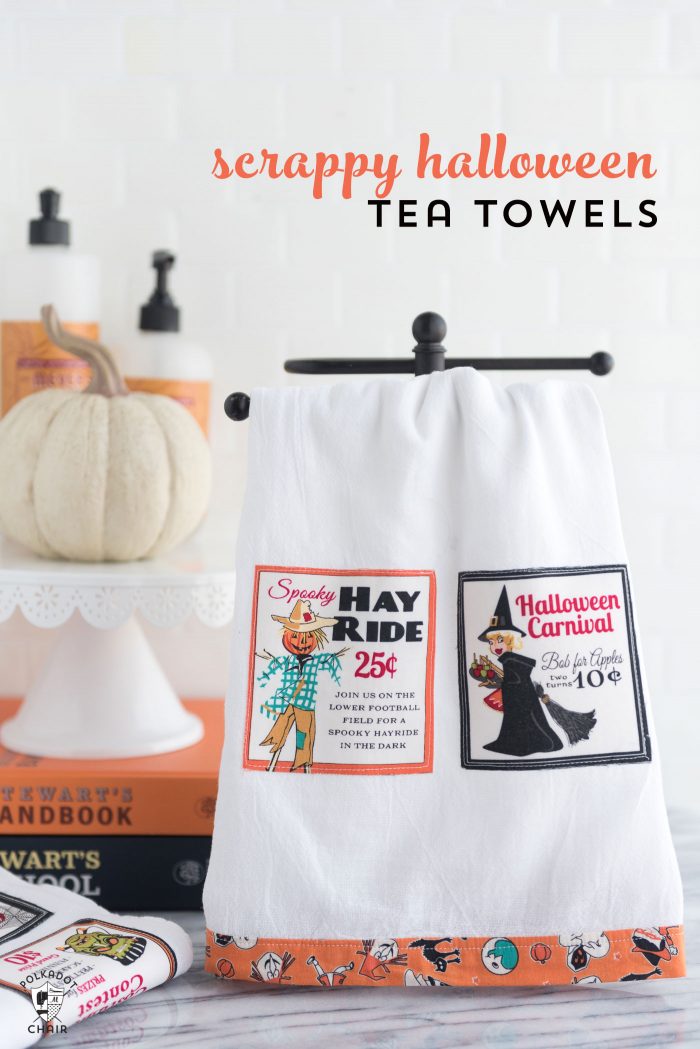 Free sewing tutorial for a DIY Halloween Tea Towel - such a cute project and a great way to use up fabric scraps! #halloween #halloweensewing #halloweengifts #gifts #giftideas #halloweenfabric #tutorial #sew #rileyblake #teatowel #diyteatowel #diydishtowel #dishtowel