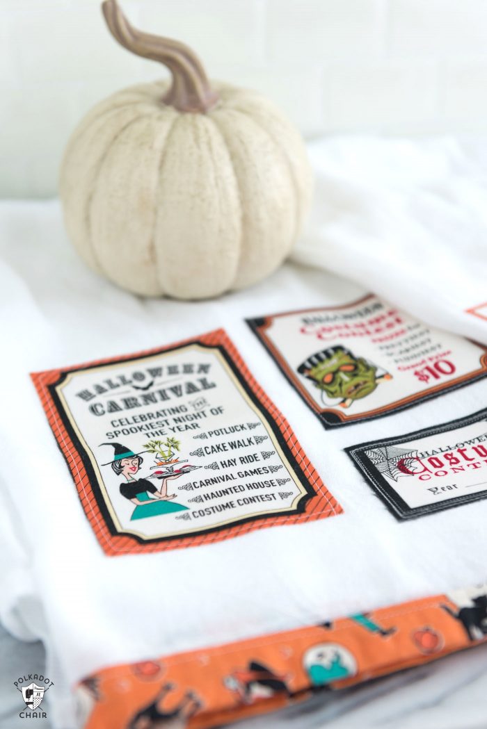 Free sewing tutorial for a DIY Halloween Tea Towel - such a cute project and a great way to use up fabric scraps! #halloween #halloweensewing #halloweengifts #gifts #giftideas #halloweenfabric #tutorial #sew #rileyblake #teatowel #diyteatowel #diydishtowel #dishtowel