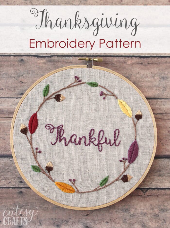 Thanksgiving Embroidery Pattern by Cutesy Crafts - a free embroidery pattern perfect for Thanksgiving! #Thanksgiving #ThanksgivingCrafts #ThanksgivingCraftIdeas #EmbroideryPattern #Embroidery #EmbroideryHoop #Fall #autumn