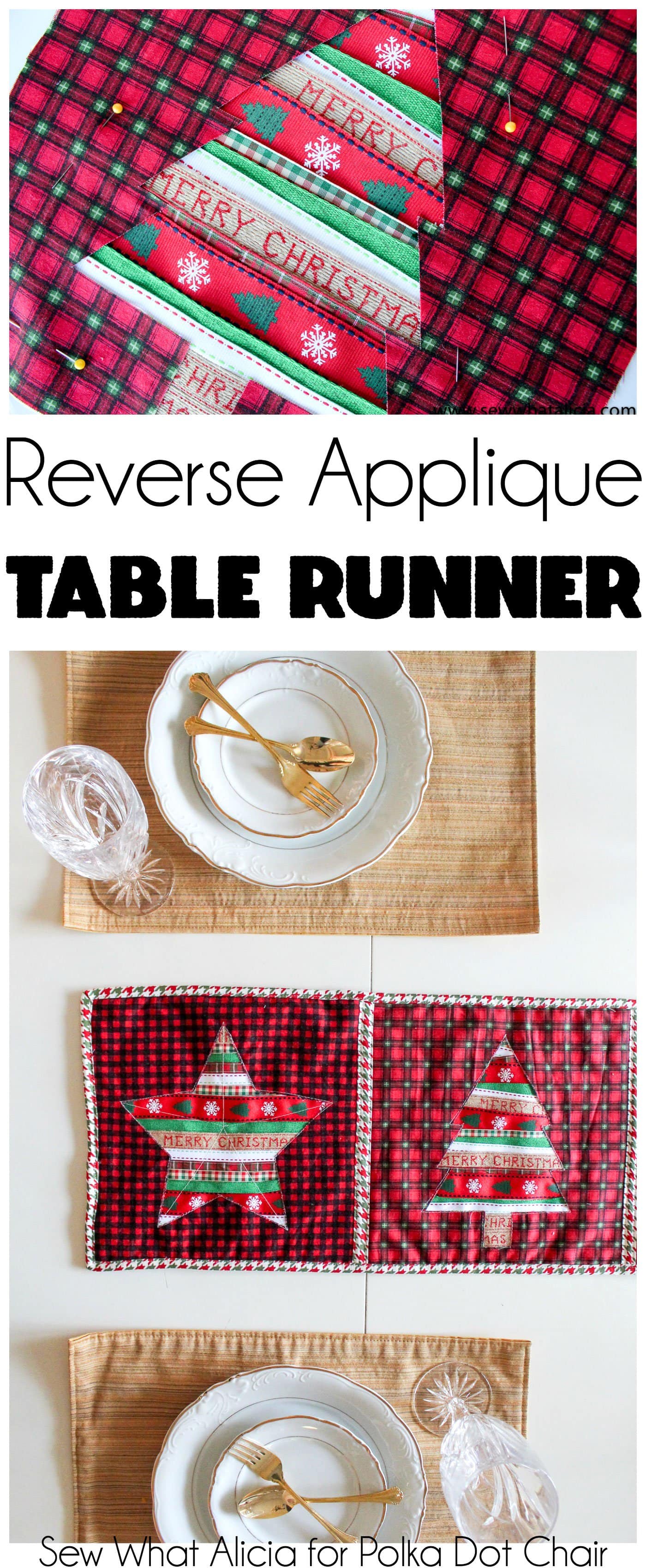 Free Reverse Applique Christmas Table Runner Pattern - such a cute and fun Christmas craft or sewing project #tablerunner #tablerunnerpattern #christmas #ChristmasDecor #ChristmasCraft #ChristmasProject