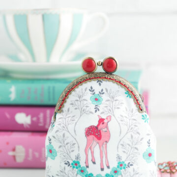 Frame pouch on table with pink and mint books