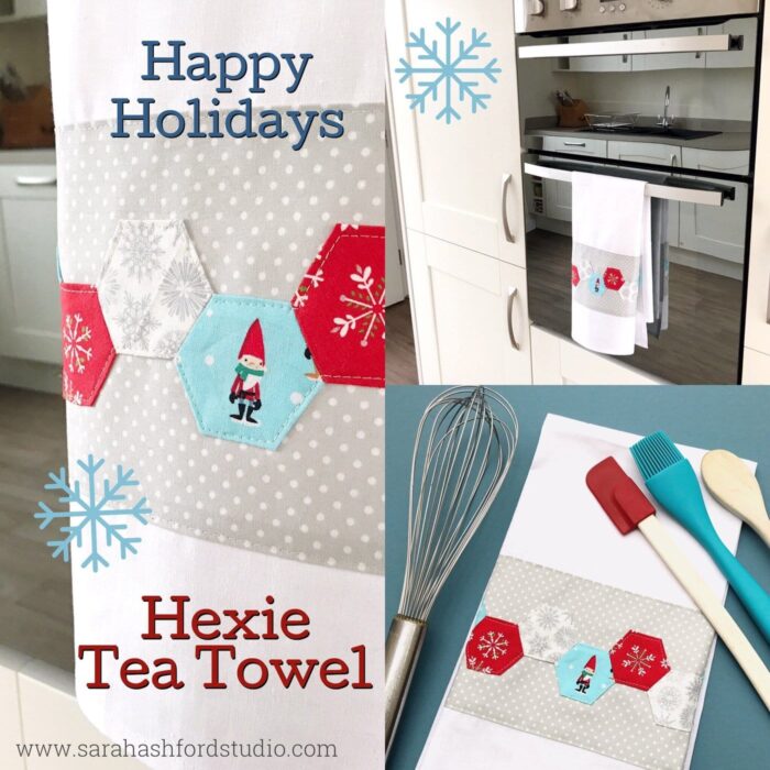 Super cute Hexie Christmas Tea Towel tutorial by Sarah Ashford. Such a fun Christmas gift idea ; learn how to sew hexagons! #christmasgifts #christmassewing #hexies #hexagons #hexagontutorial #christmasfabric #teatowel