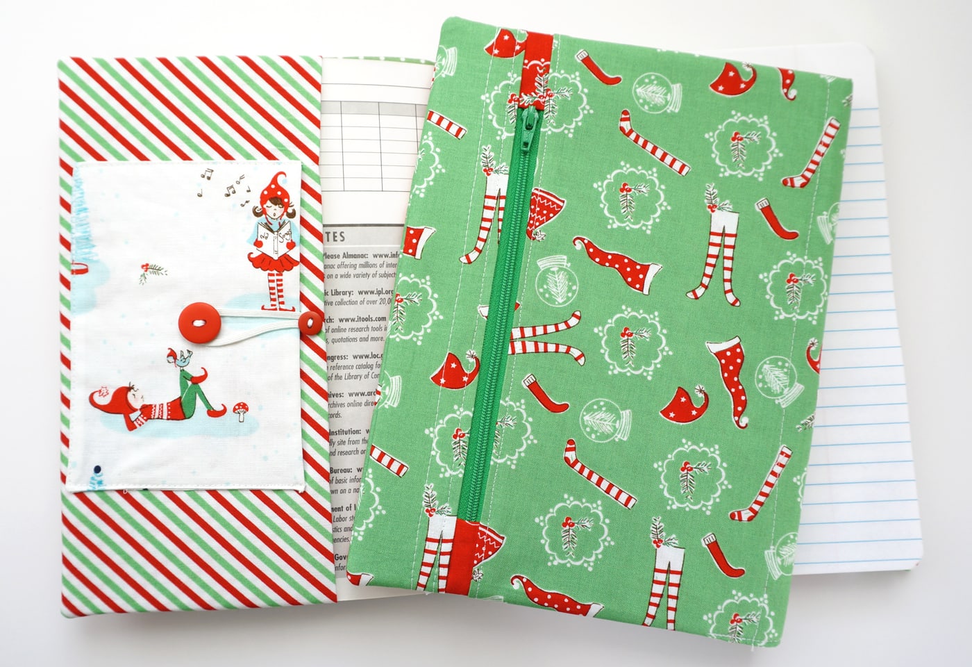 Composition note book in a Christmas themed planner cover with pencil pouch on top.