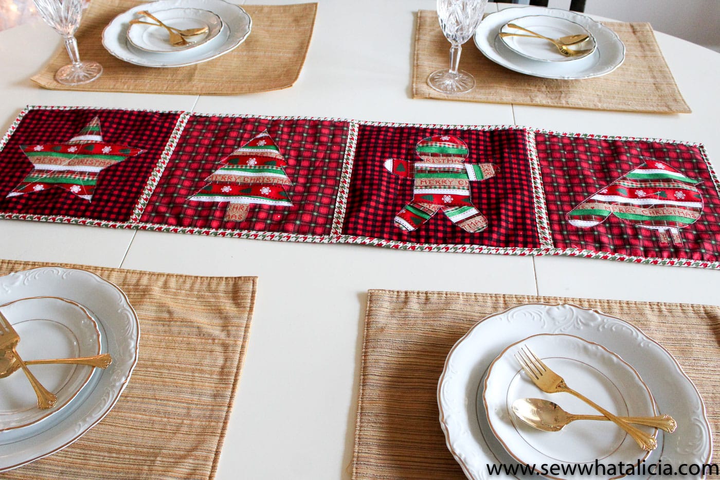 Free Reverse Applique Christmas Table Runner Pattern - such a cute and fun Christmas craft or sewing project #tablerunner #tablerunnerpattern #christmas #ChristmasDecor #ChristmasCraft #ChristmasProject