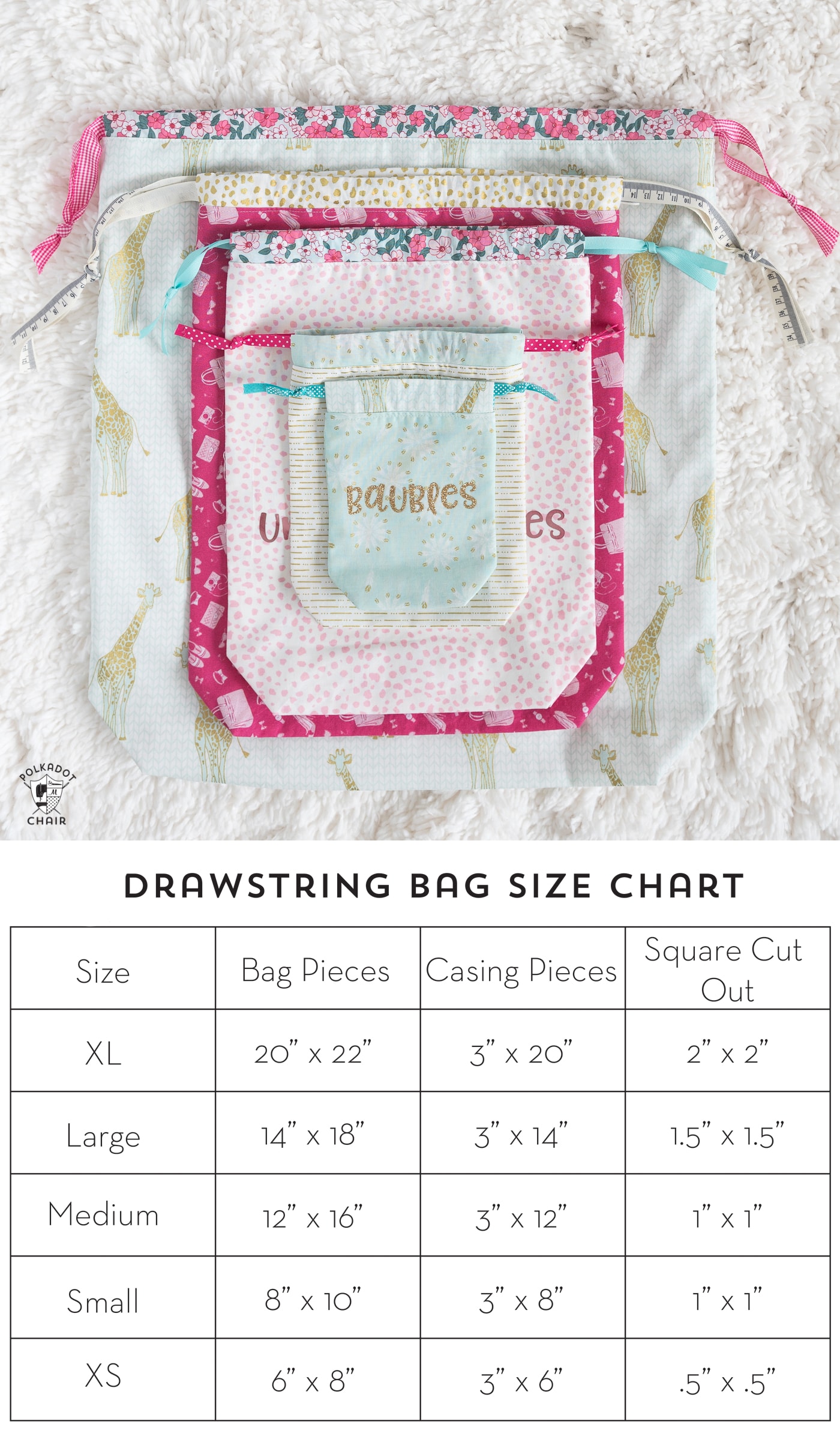 Multiple DIY draw string bags stacked on top of eachother
