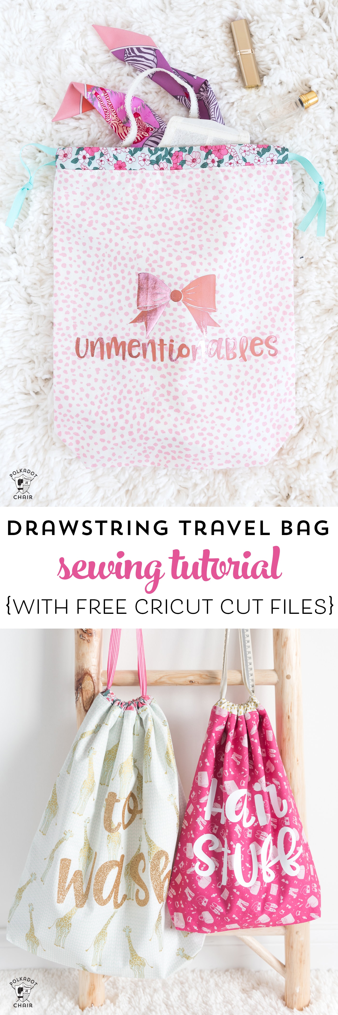 Free tutorial and Lined Drawstring Bag Sewing Pattern - how to sew a reversible drawstring bag and add cute sayings to the front! Includes free cricut cut file downloads #sewing #sewingpattern #drawstringbag #laundrybag #cricut #cricutmade #ad