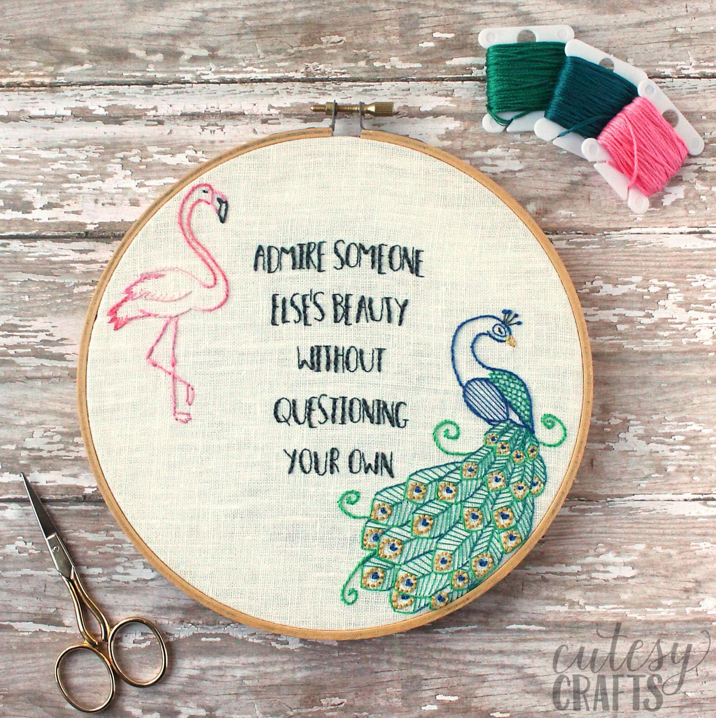 Flamingo and Peacock Free Embroidery Pattern - Quote embroidery "Admire Someone else's beauty without questioning your own" #embroiderypattern #freeembroiderypattern #flamingo #peacock #embroiderypatternquote