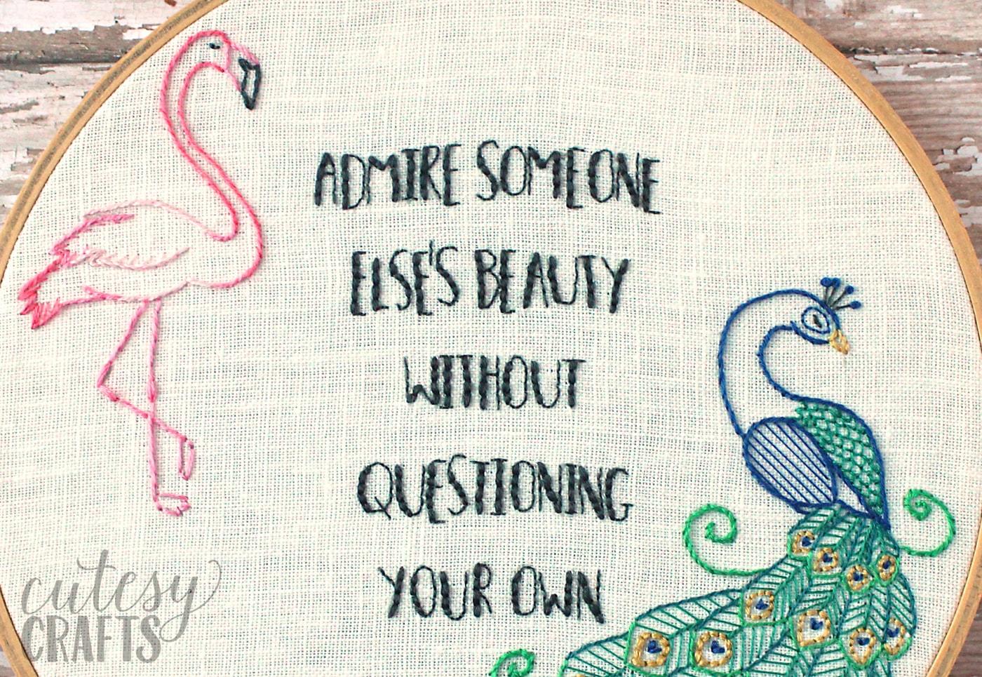 Flamingo and Peacock Free Embroidery Pattern - Quote embroidery "Admire Someone else's beauty without questioning your own" #embroiderypattern #freeembroiderypattern #flamingo #peacock #embroiderypatternquote