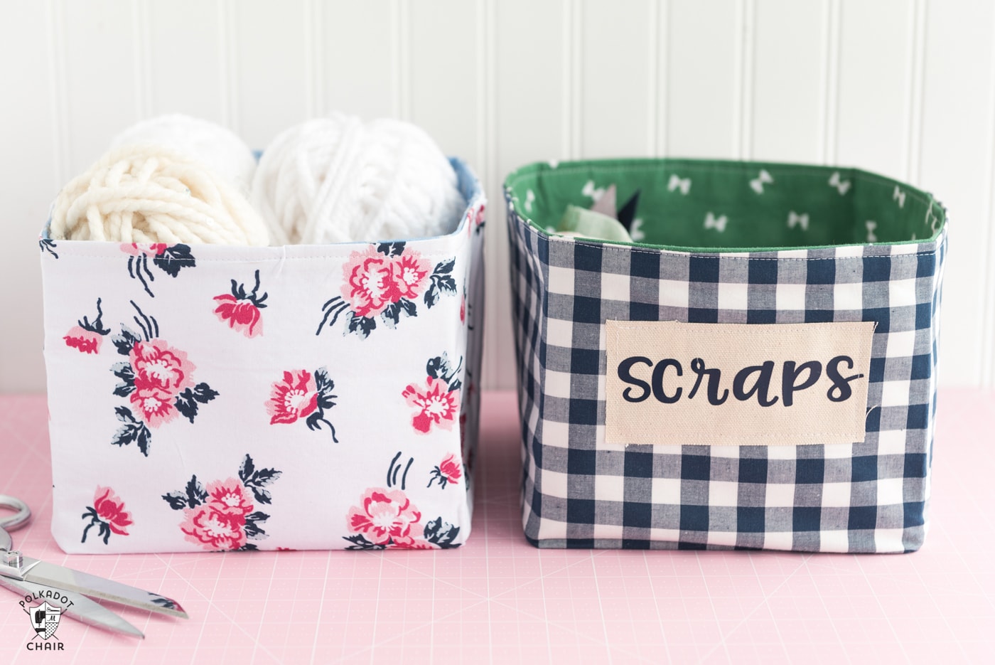 DIY fabric baskets on pink table