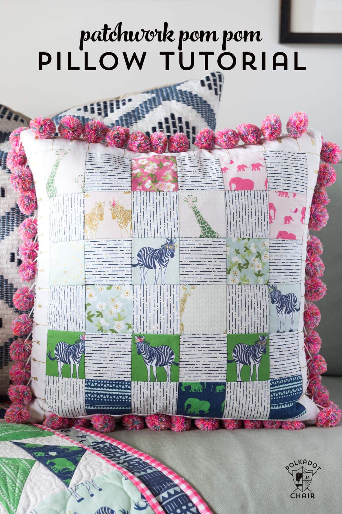 Free sewing pattern for a pom pom patchwork pillow. Uses a fun cheater way to make the points match up- Free pillow pattern