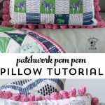 Free sewing pattern for a pom pom patchwork pillow. Uses a fun cheater way to make the points match up- Free pillow pattern